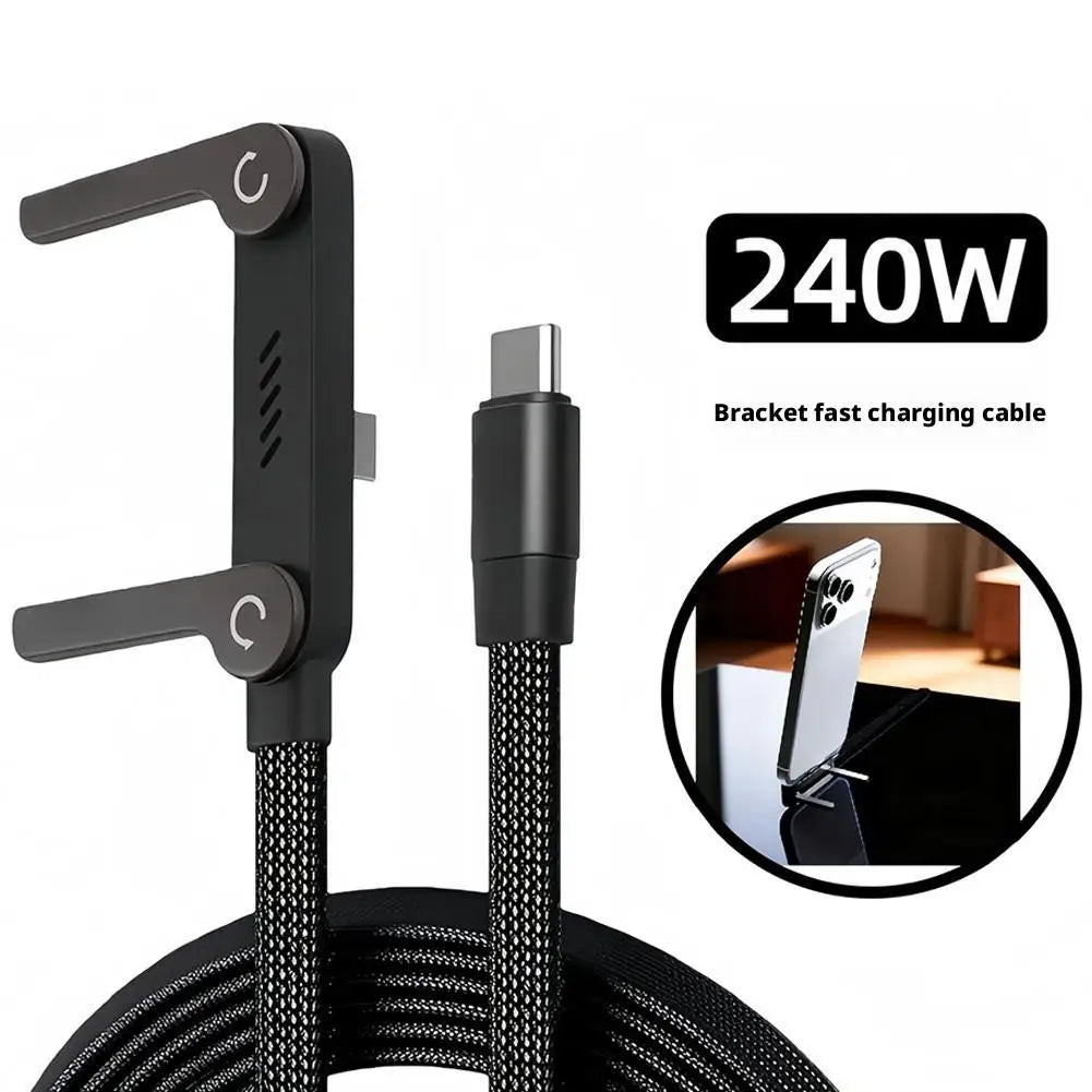 240W Type-C Fast Charging Cable with Foldable Mobile Phone Holder - Multi-Angle Adjustment for Non-Stop Charging and Ultimate Convenience