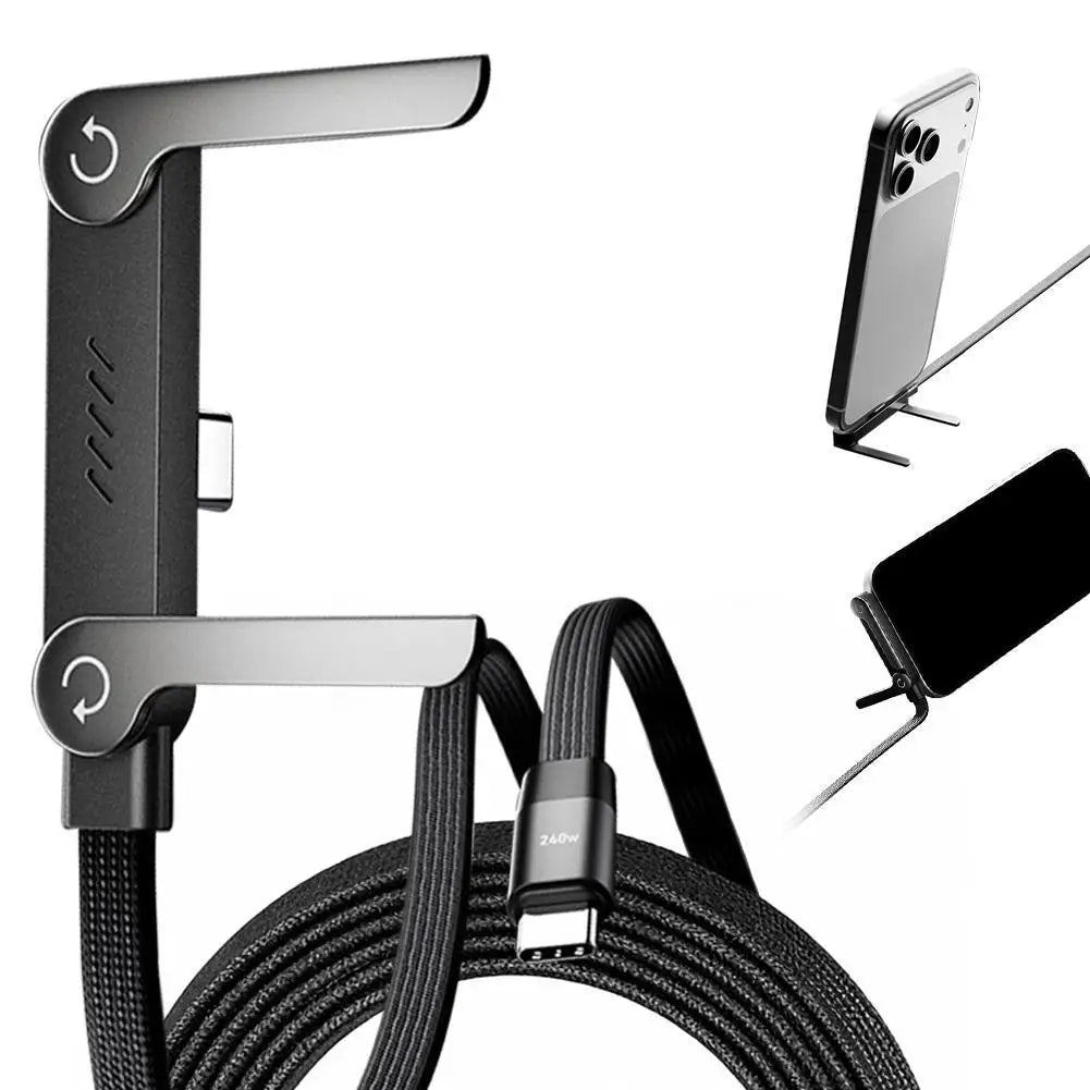 240W Type-C Fast Charging Cable with Foldable Mobile Phone Holder - Multi-Angle Adjustment for Non-Stop Charging and Ultimate Convenience