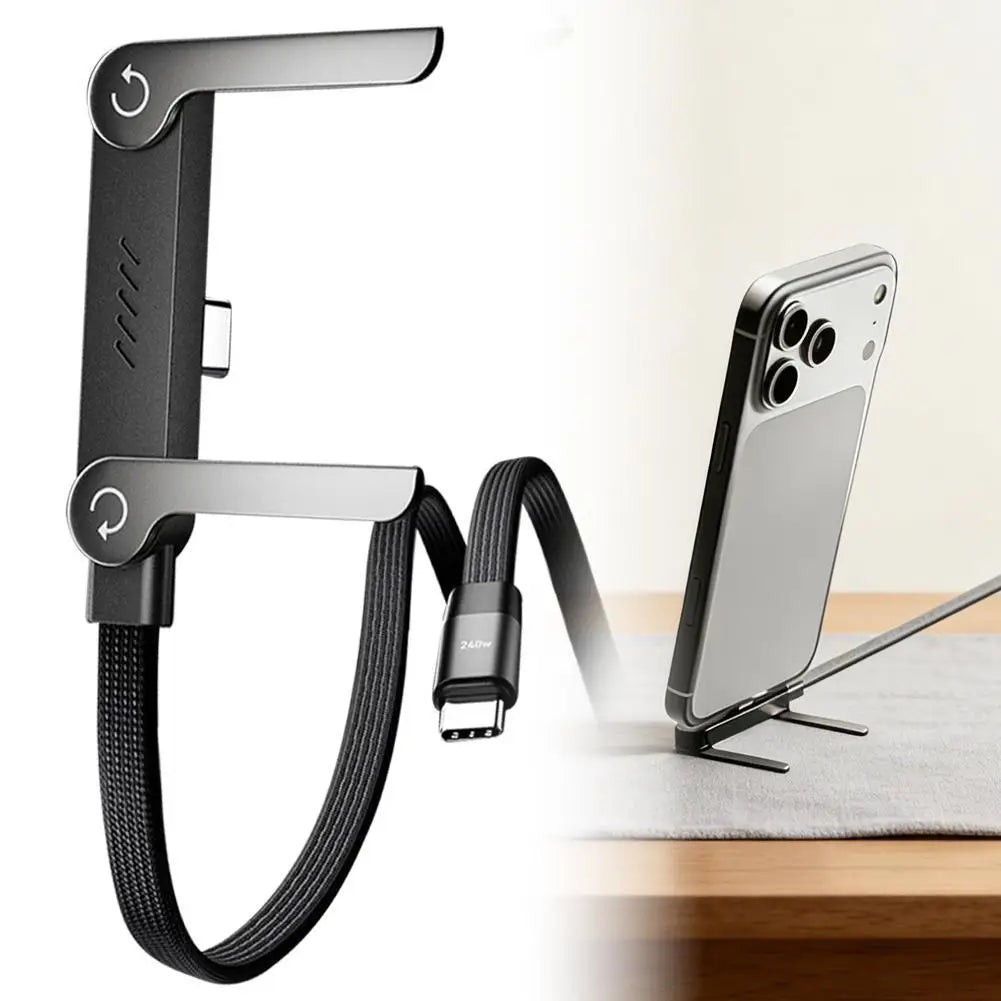 240W Type-C Fast Charging Cable with Foldable Mobile Phone Holder - Multi-Angle Adjustment for Non-Stop Charging and Ultimate Convenience