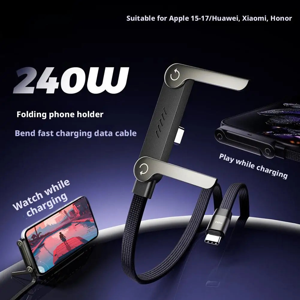 240W Type-C Fast Charging Cable with Foldable Mobile Phone Holder - Multi-Angle Adjustment for Non-Stop Charging and Ultimate Convenience