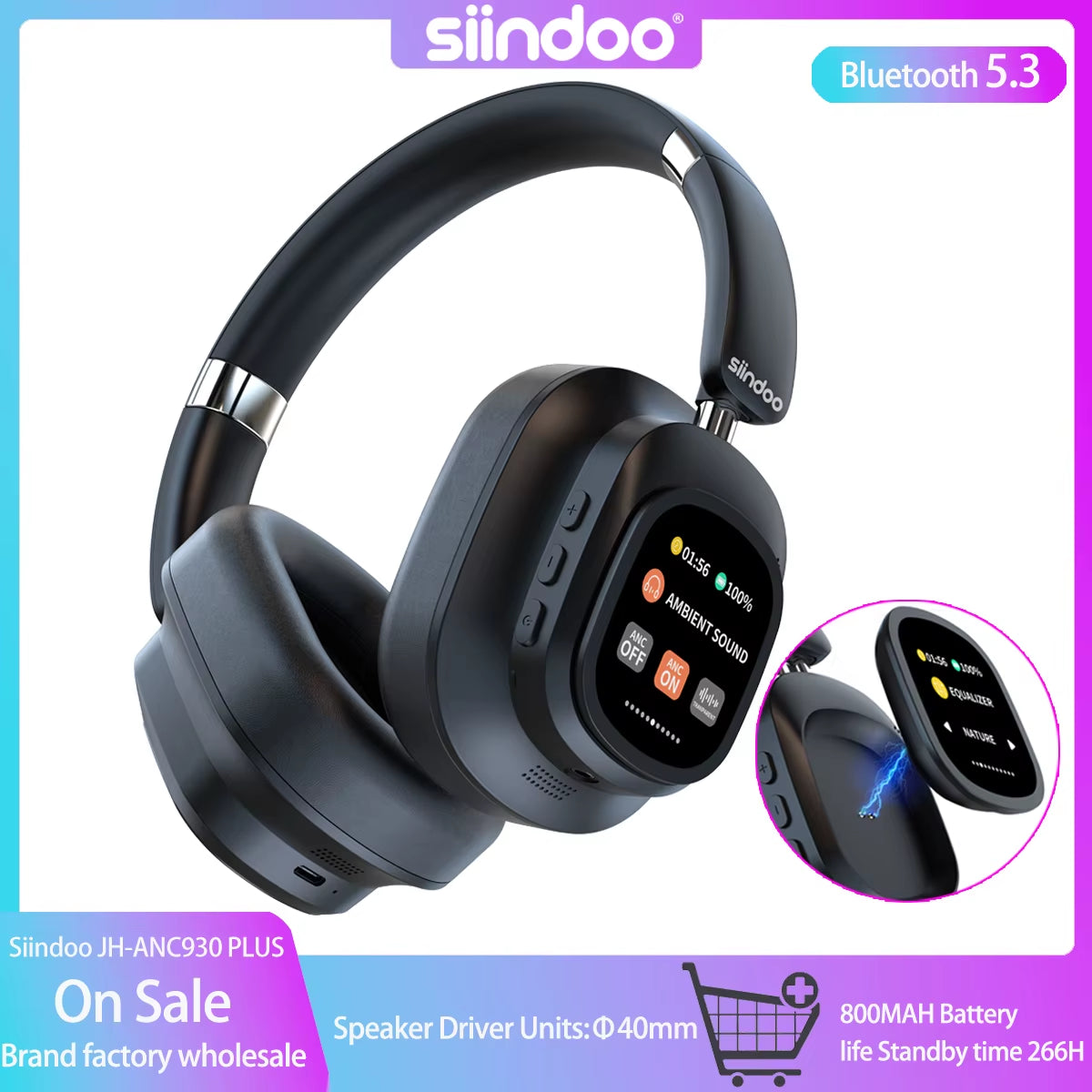 Jh-Anc930Plus Hybrid Wireless Headphone, Active Noise Cancelling Headphones with Multi Magnetic Touch Control LED Screen