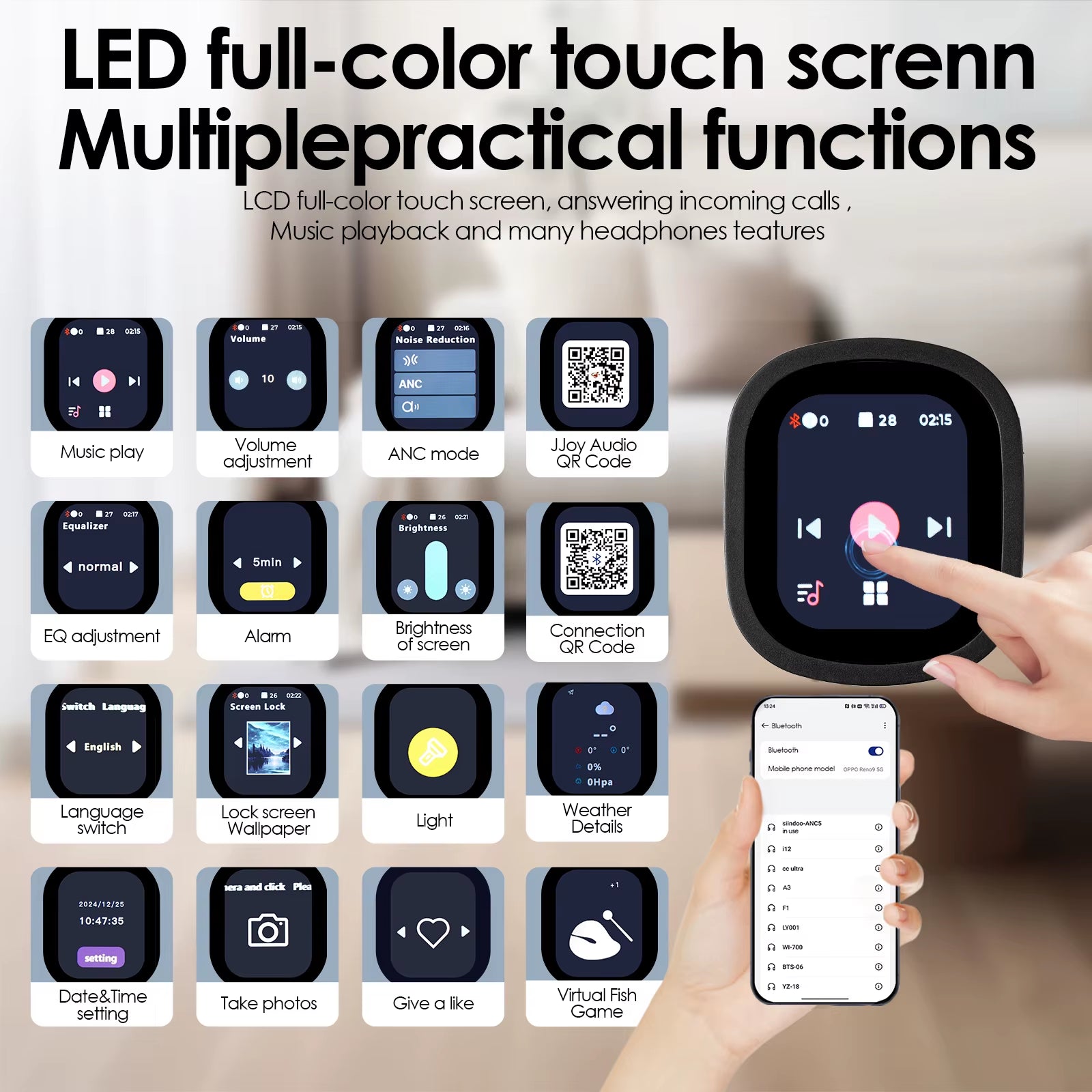 Jh-Anc930Plus Hybrid Wireless Headphone, Active Noise Cancelling Headphones with Multi Magnetic Touch Control LED Screen